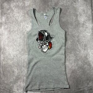 Bella Women L Gray Ribbed Racerback Tank Top Skull Firefighter Gatekeepers Biker